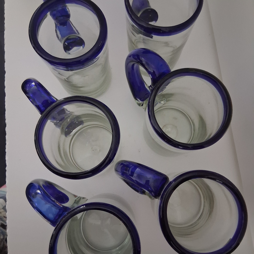 Mexican Hand Blown Blue Rimmed Glass Mugs Set Of 6 - Picture 4 of 8